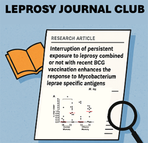 An illustration of a newspaper page titled Leprosy Journal Club presenting a research article, with a magnifying glass